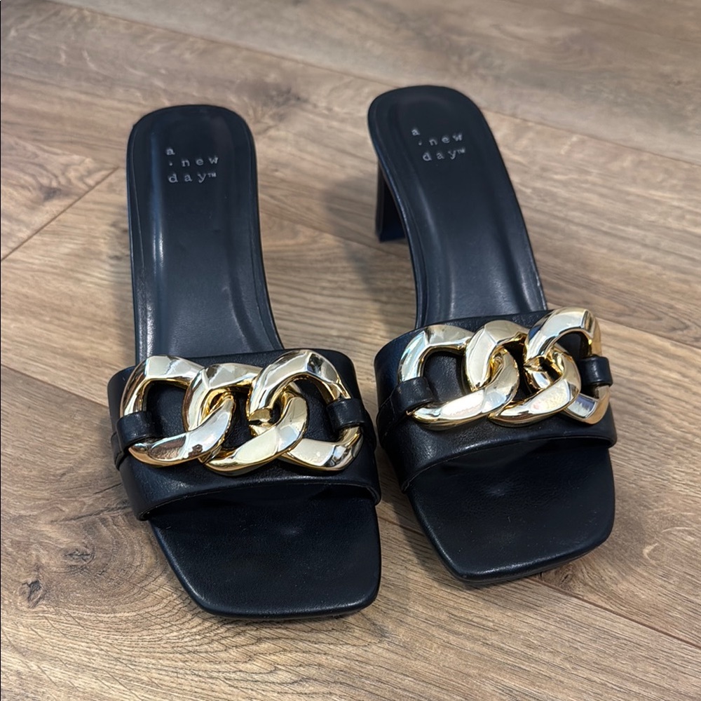 A New Day Black Mules with Gold Chain
